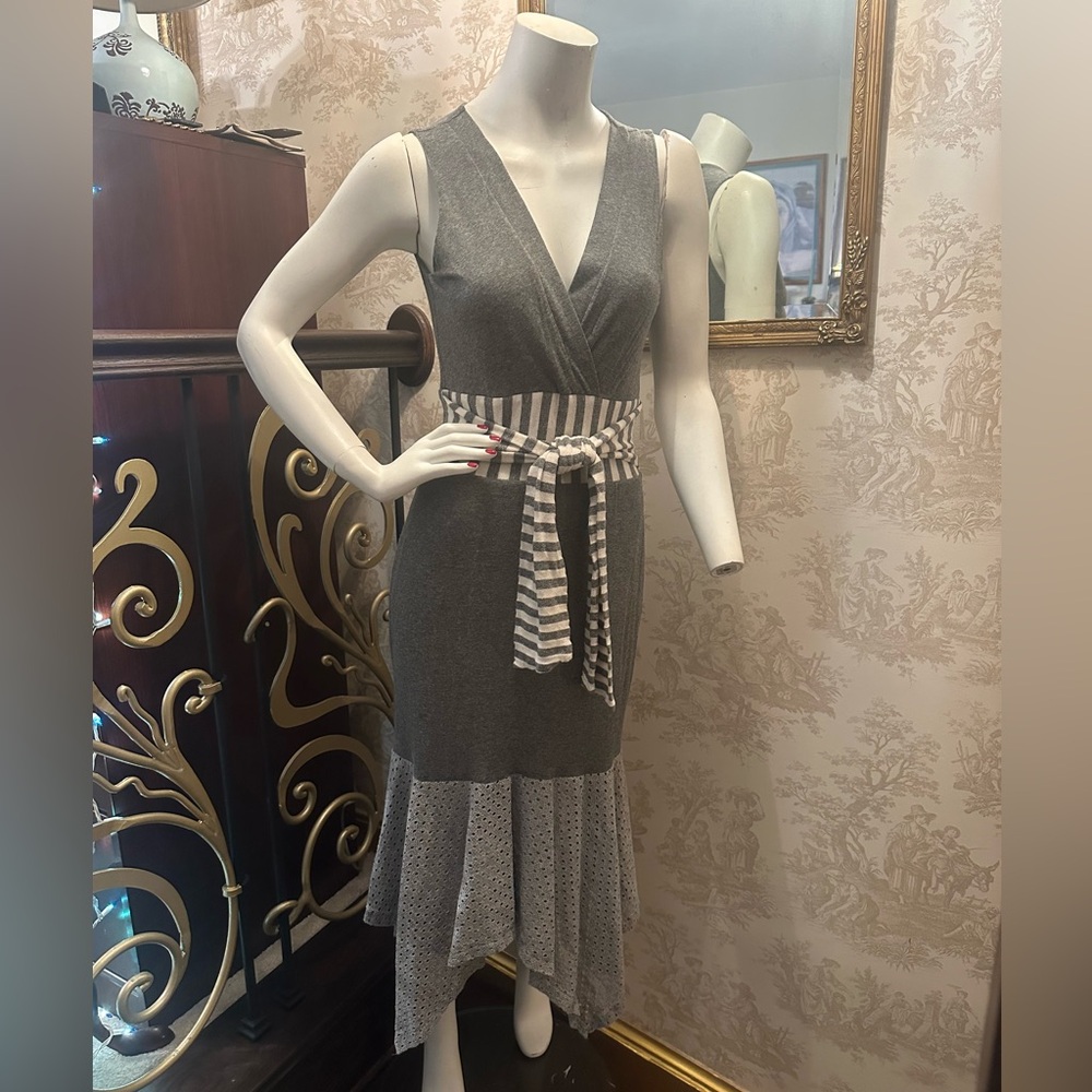 Gray lined midi dress.